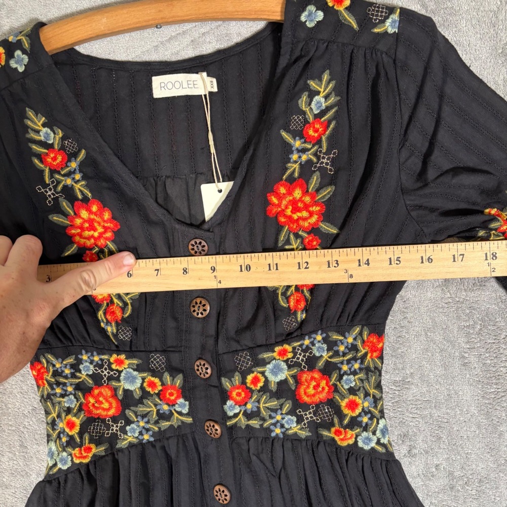 ROOLEE Black Floral Embroidered Cotton Button Front Midi Dress XXS NWT Cottage - Picture 10 of 14